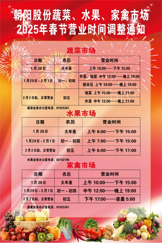 朝陽股份蔬菜、水果、家禽市場2025年春節(jié)營業(yè)時間調(diào)整通知